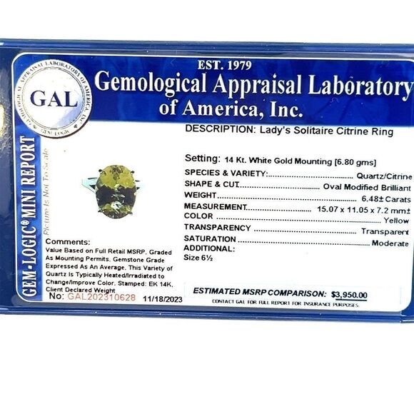 Natural Citrine Ring 6.5 14k W Gold 6.48 Cts Certified $3,950 310628 - Picture 16 of 16